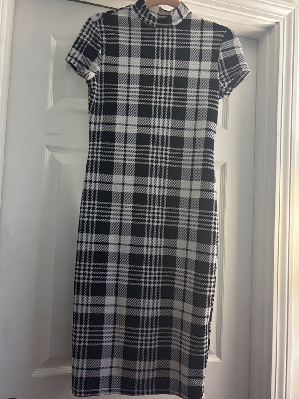Black & White Plaid Mock Neck Midi Dress